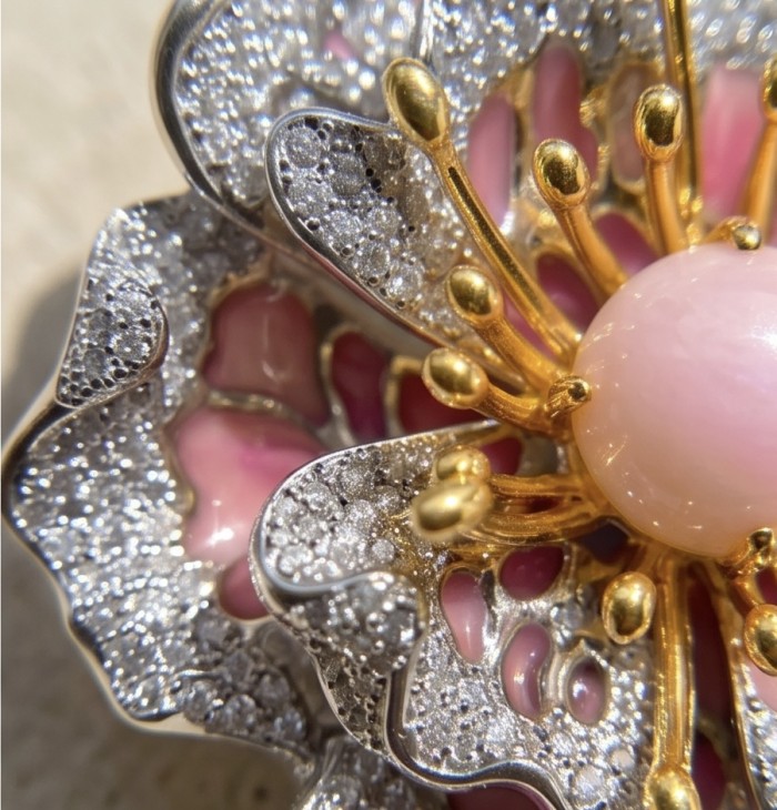 Black Label Collection - Retro Style - Rose Genuine PINK OPAL Enamel .925 Sterling Silver dipped in rhodium handmade Pendant - Brooch - Close-up of intricate Black Label Collection rose jewelry.