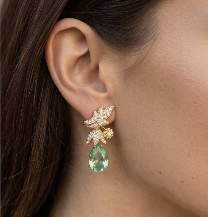 Green Cascade - 12.5 carat Green Topaz 14K Gold over .925 Sterling Silver handmade Statement earrings - Green Cascade earrings worn on ear, side view, gold and green topaz.