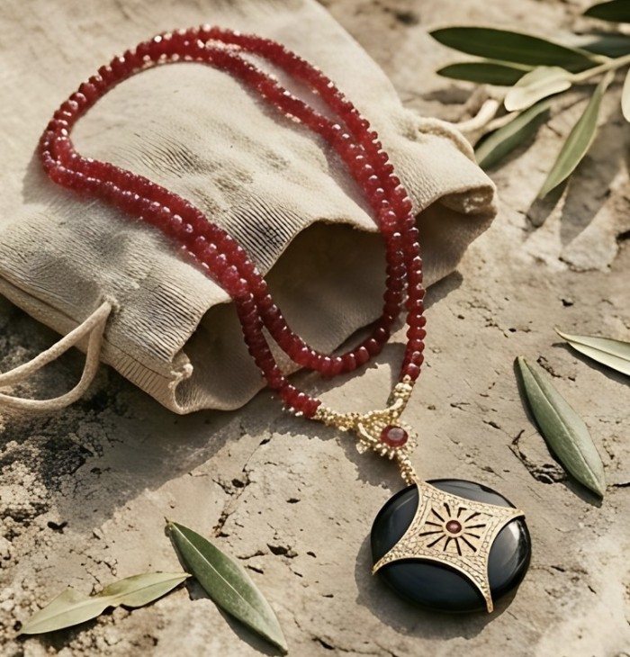 Celtic Cross Authentic Onyx 25.2 Carat Ruby .925 Sterling Silver dipped in 14K Gold handcrafted necklace - Red necklace with onyx pendant, overhead view on a stone surface.