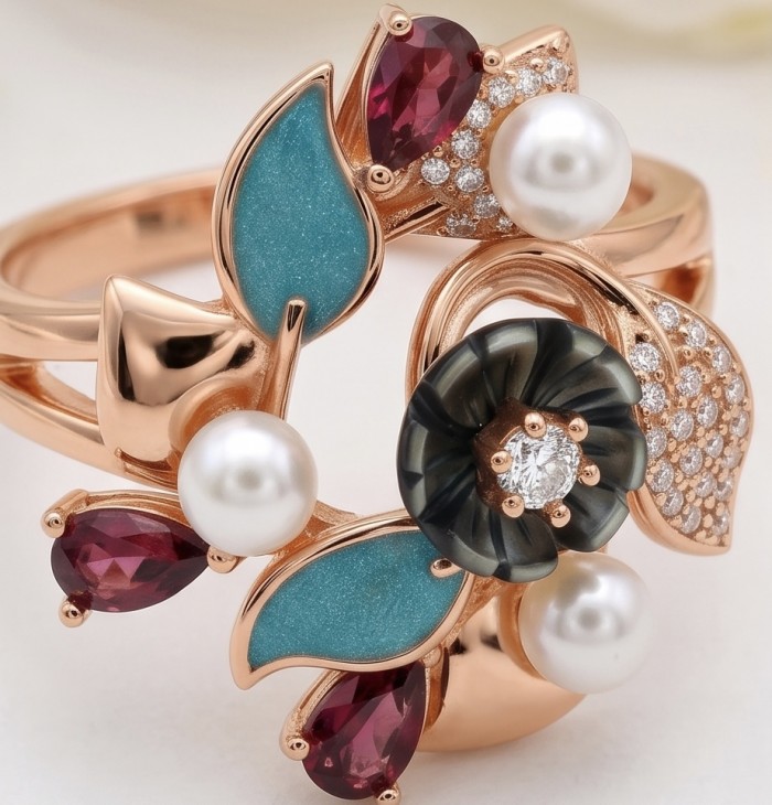 Masterpiece Authentic Pearl Enamel 18K Rose Gold over .925 Sterling Silver handcrafted Ring s. 9 - Close-up of intricate pearl and gemstone 18K rose gold ring design