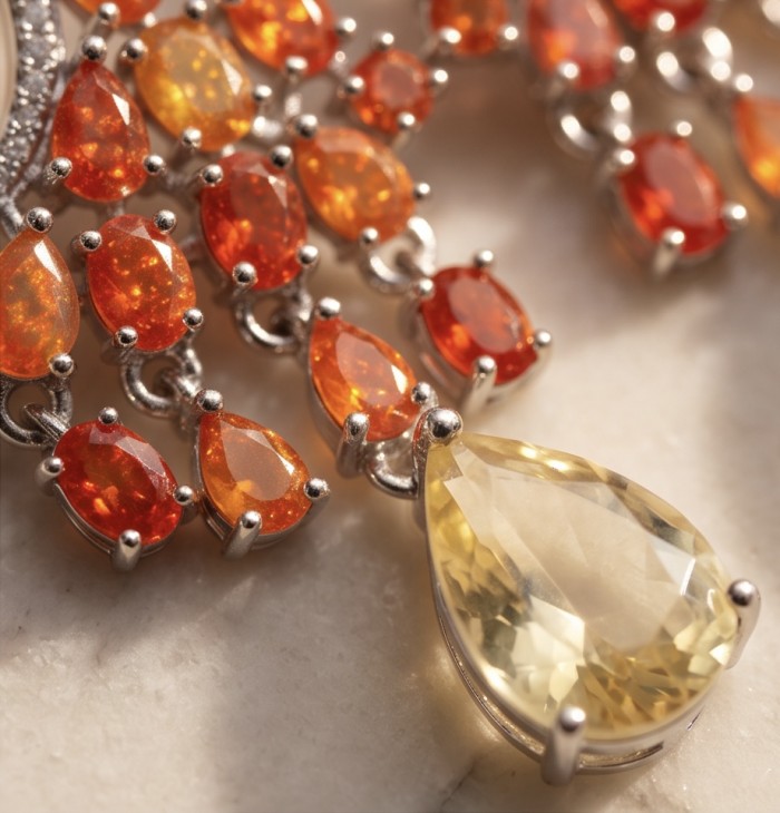Valentina 3.9 carat Natural Fire Opal 4.9 carat Citrine rhodium over .925 Sterling Silver handcrafted earrings - Close-up of Valentina fire opal and citrine gemstone jewelry.