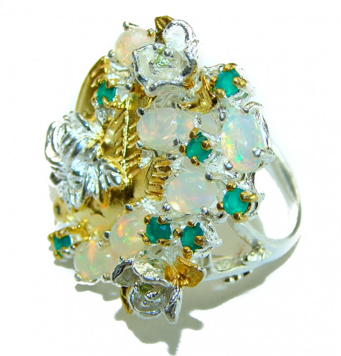 Mesmerizing Garden Fire Ethiopian Opal 2 tones .925 Sterling Silver handmade ring 7 1/2 - photo 1