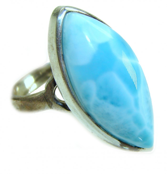 Blue Dream Blue Larimar .925 Sterling Silver handmade Large Solid ring size 7 adjustable - Side view of Blue Larimar stone in a .925 Sterling Silver ring