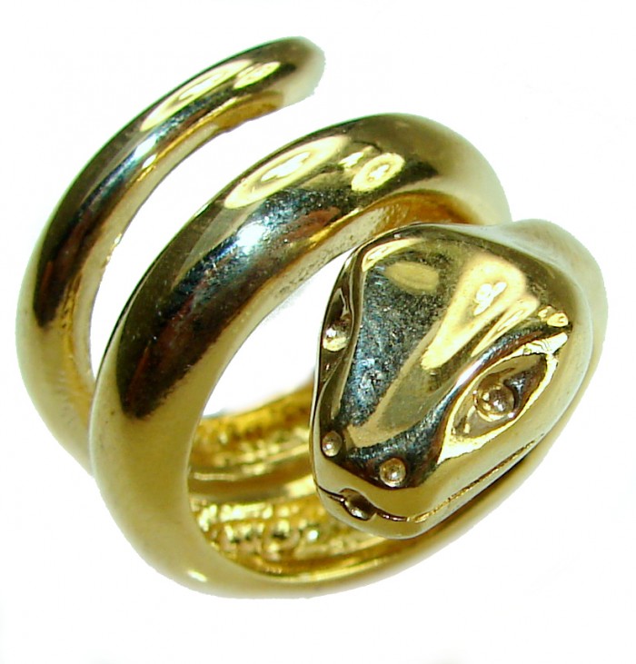 Large Golden Boa Snake 18K Gold over .925 Sterling Silver handcrafted Statement SPINAL Ring size 6 3/4 - Gold snake ring, side view, 18K gold over sterling silver.