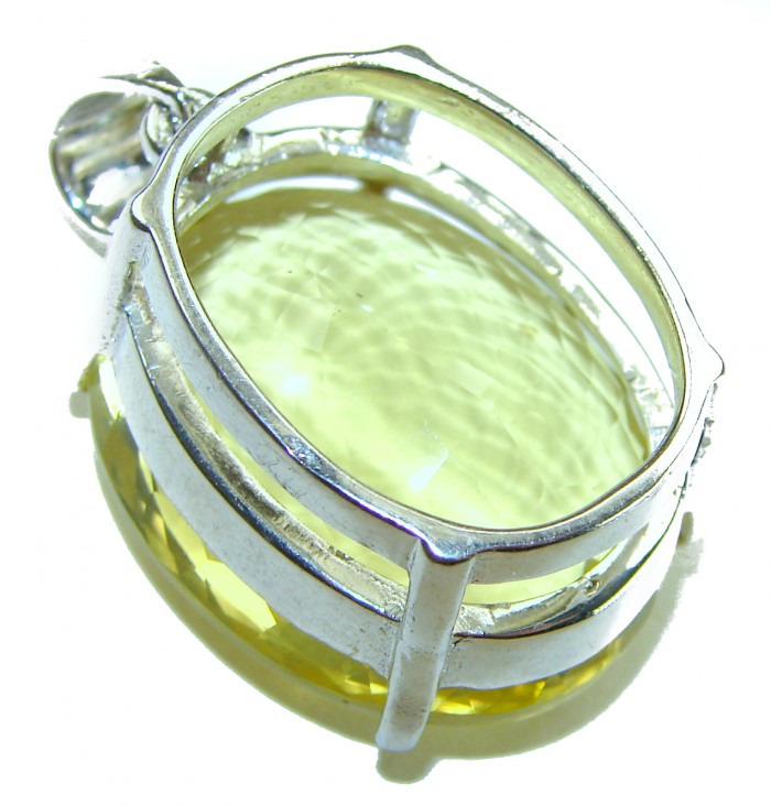 Perfection Oval cut 37.3 carat Lemon Quartz .925 Sterling Silver handcrafted LARGE pendant - Close-up of 37.3 carat oval Lemon Quartz in .925 Sterling Silver setting.