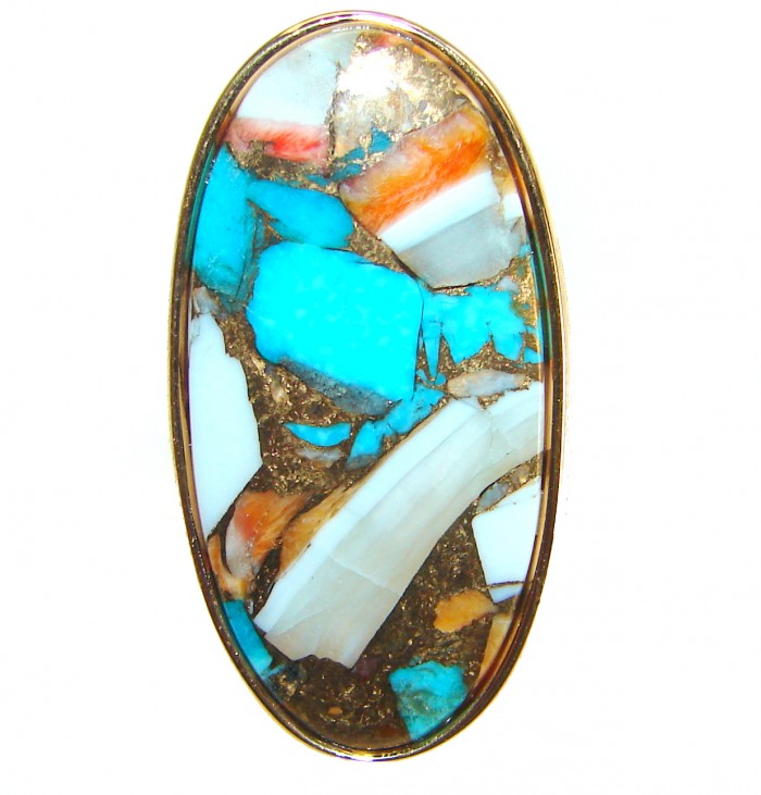 Rare 29.5 carat Oyster Turquoise 18K Gold over .925 Sterling Silver handcrafted Large ring; s. 7 adjustable - Close-up of rare 29.5 ct Oyster Turquoise pendant in gold setting.