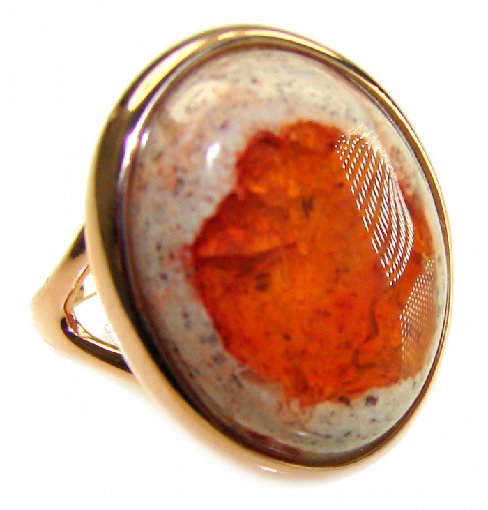 Orange Galaxy best quality 19.4 carat Mexican Opal 18K Gold over .925 Sterling Silver handmade ring 6 - Close-up of Orange Galaxy Mexican Opal ring in 18K gold setting