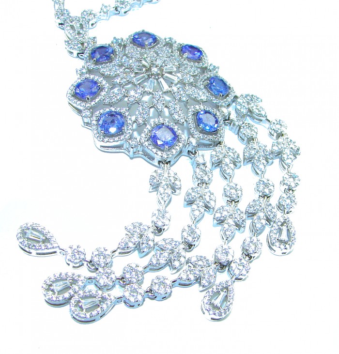 Elizabeth 32 inches Natural luxurious Floral design 55.5 carat Tanzanite .925 Silver handcrafted Necklace - Close-up of floral design necklace with blue stones and diamonds.