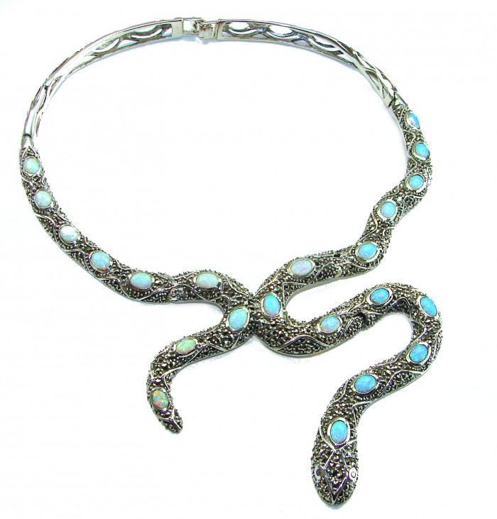 Large Snake genuine 57.8 carat Australian Blue Opal Marcasite .925 Sterling Silver handcrafted necklace - Snake necklace with blue opals, top view showing entire design.
