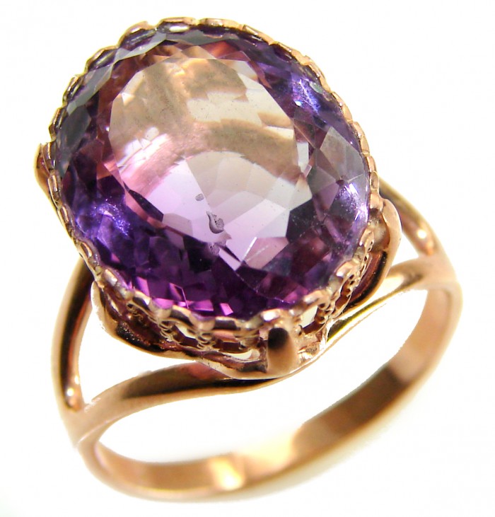 Top quality 17.2 carat Amethyst .925 Sterling Silver dipped in 18K Rose Gold Handcrafted Ring size 9 - Close-up of 17.2 carat amethyst ring with sterling silver setting.