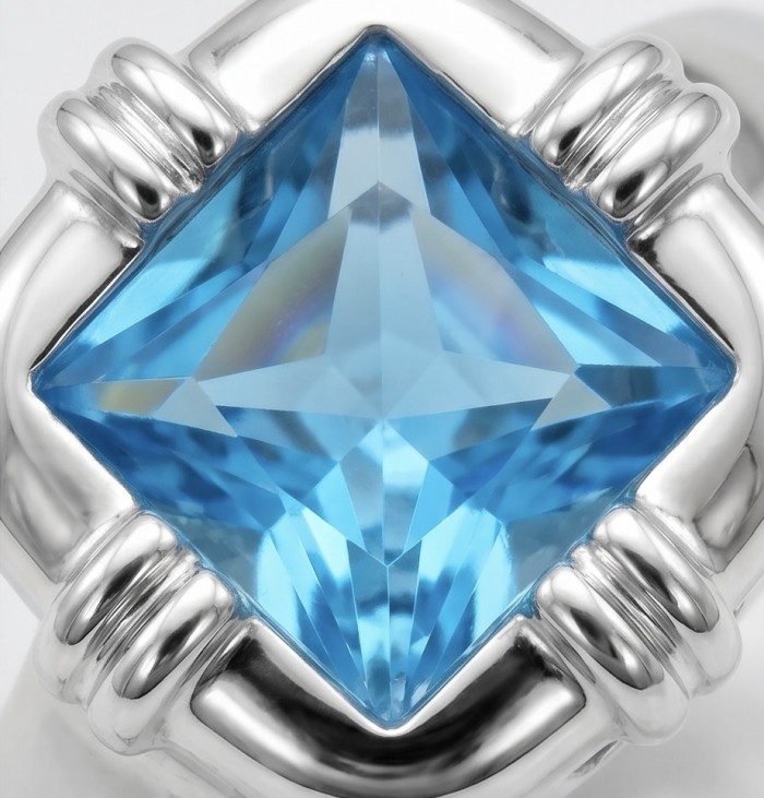 8.5 carat authentic Swiss Blue Topaz .925 Sterling Silver dipped in rhodium handmade Statement Ring size 8 1/4 - Close-up of 8.5 carat Swiss Blue Topaz set in .925 Sterling Silver.
