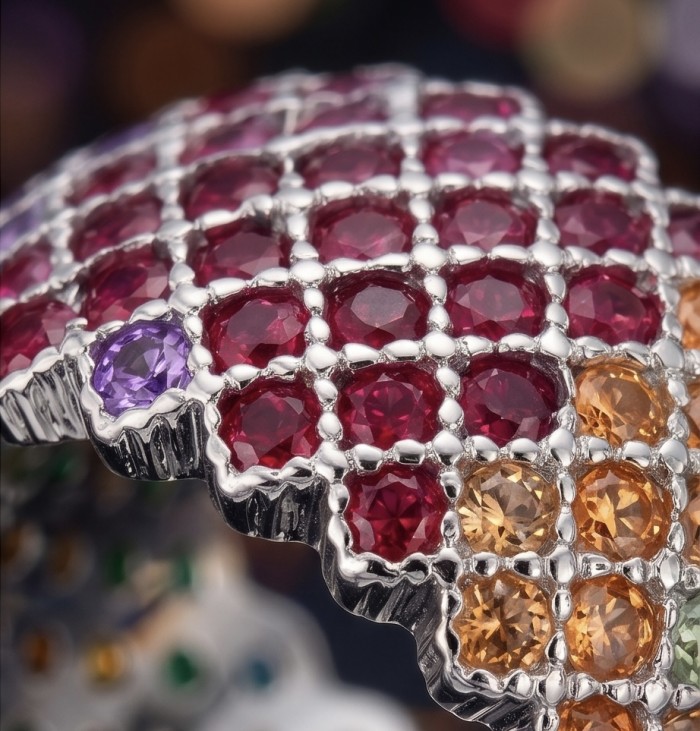 My own Rainbow - authentic 8.7 carat multigem .925 Sterling Silver Eternity Ring size 6 1/2 - Close-up of multigem .925 sterling ring with red, orange, and purple stones.