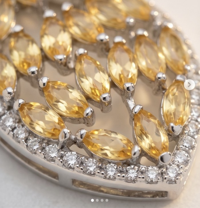 Authentic 15.5 carat Brazilian Citrine rhodium over .925 Sterling Silver handcrafted Statement Pendant - Close-up of citrine stones and diamonds in silver setting