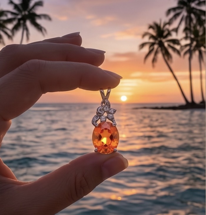 Vibrant 8.4 carat Spessartine Garnet rhodium over .925 Sterling Silver handcrafted pendant - Close-up of Spessartine Garnet pendant held against a sunset backdrop.