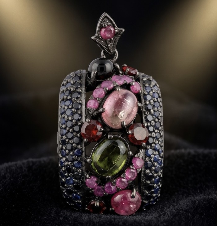 14.5 carat Brazilian Watermalon Tourmaline black rhodium over .925 Sterling Silver handmade Pendant - Front view of colorful gemstone and black rhodium ring on dark fabric