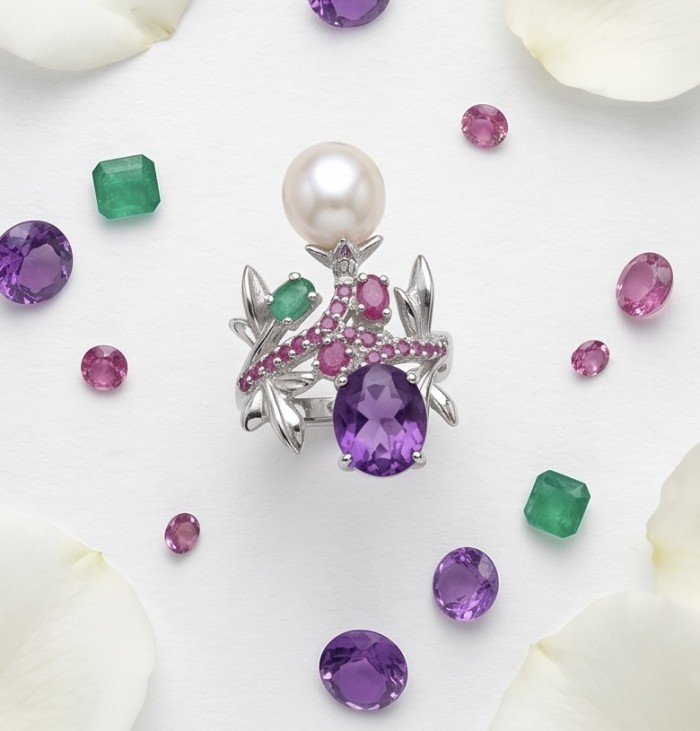 Tiffany Genuine Pearl 7.8 carat Amethyst rhodium over .925 Sterling Silver brilliantly handcrafted ring s. 8 - Amethyst pearl ring with gemstones, top view, surrounded by petals