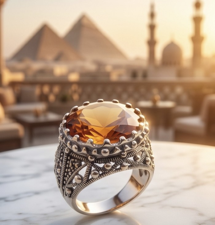 Serenity Natural 38.4 carat GOLDEN Topaz Marcasite .925 Sterling Silver handmade Large Statement Ring size 7 - Close-up of Golden Topaz ring with pyramids in the background