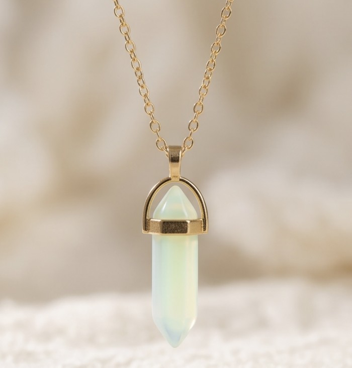 Incredible Design Opalite .925 Sterling Silver handmade Necklace - Gold chain with opalite pendant, front close-up view.