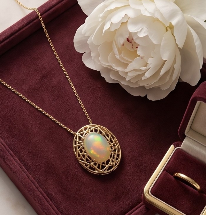 Earth Treasure Authentic 12.8 carat Golden Ethiopian Opal 22K Gold over .925 Sterling Silver handcrafted Statament Necklace - Golden Ethiopian Opal necklace, top view, on a burgundy jewelry box.