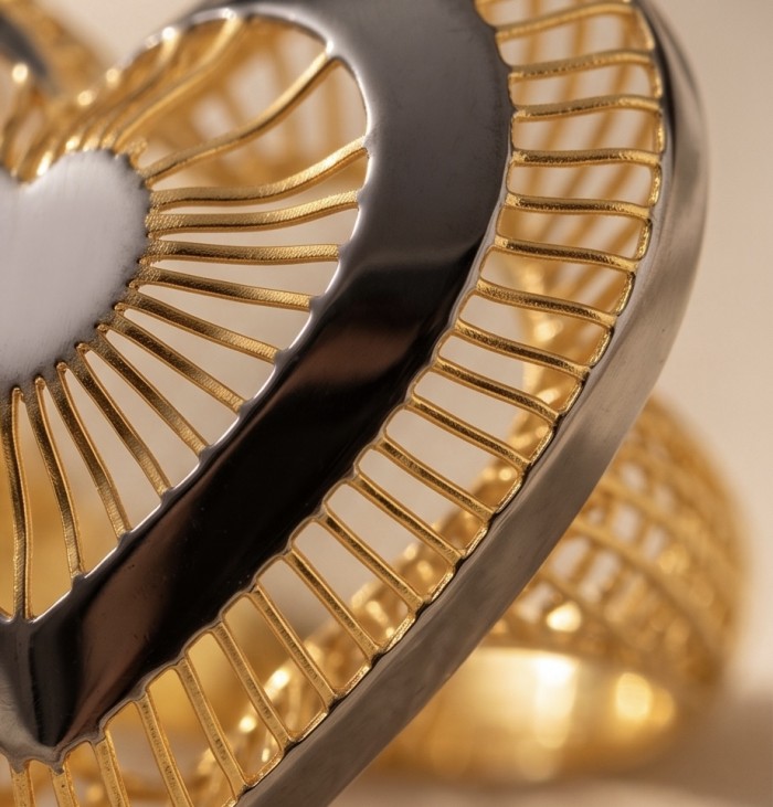 Dubai Style - Golden Heart .925 Sterling Silver dipped in 22K Gold handmade Large ring size 7 1/4 - Golden heart jewelry close-up with sterling silver and gold detailing.