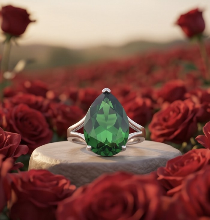 Exotic Beauty oval cut 29.5 carat Helenite .925 Sterling Silver handmade Ring s. 7 - Close-up of an oval-cut Helenite ring in rose garden setting