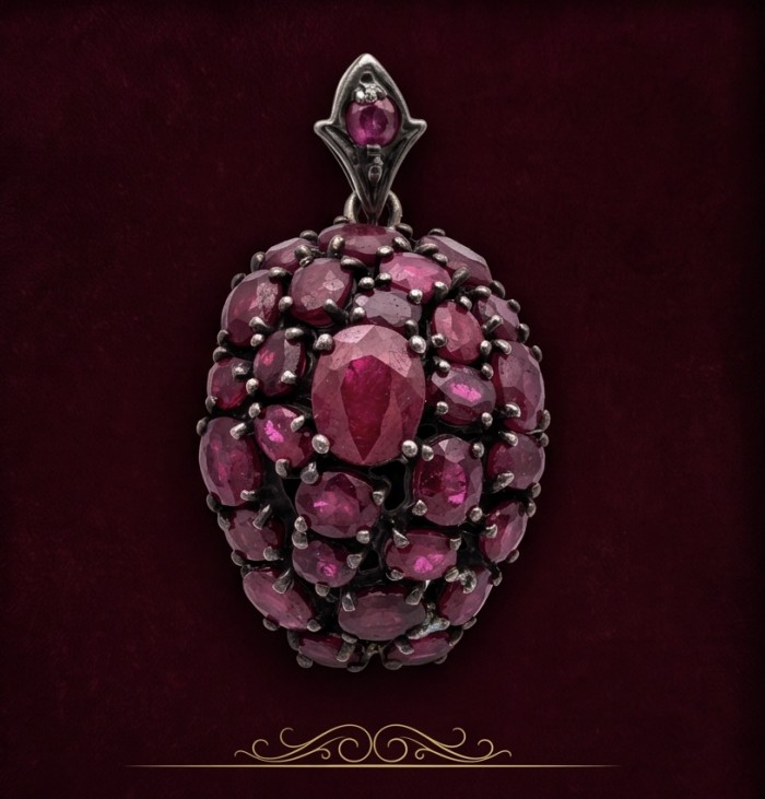Giovanna 26.4 carat authentic Mozambique Ruby black rhodium .925 Sterling Silver handmade Pendant - Close-up of Mozambique Ruby pendant with black setting on maroon background.