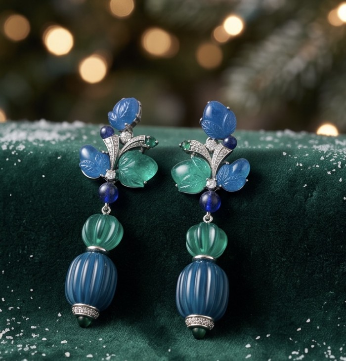 Art Deco - Luxurious natural 28.5 carat Sapphire .925 Sterling Silver Perfectly handcrafted earrings - Blue and green Art Deco earrings on green fabric background.