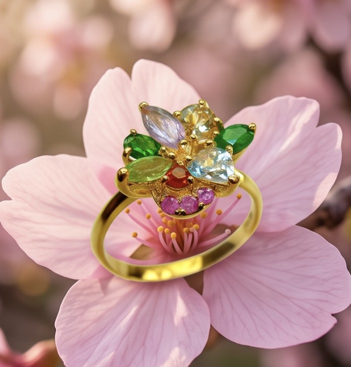 Flower 5.8 carat Multigem 18K Gold over .925 Sterling Silver Handcrafted Ring size 7 - Flower gemstone ring on cherry blossom background, top view close-up.