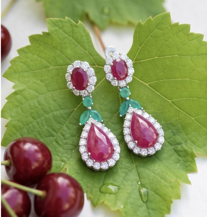 Bella Rossa - Magnificent Jewel 15.5 carat Mozambique Ruby .925 Sterling Silver dippedin Rhodium handcrafted earrings - Elegant earrings with rubies and diamonds on a leaf background