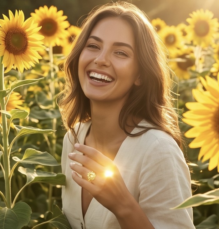 Vivien - Natural 19. 2 carat Citrine .925 Sterling Silver dipped in 18K Gold handcrafted Statement ring; s. 5 - Woman wearing Vivien Citrine ring in sunflower field, front view.