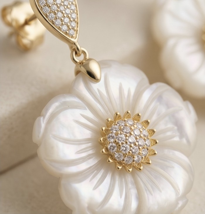 BLOOMING FLOWERS Genuine Blister Pearl 0.2 CARAT lab grown Diamond 18K Gold over .925 Sterling Silver handcrafted Statement Earrings - Close-up of BLOOMING FLOWERS earring with pearl and diamond detail