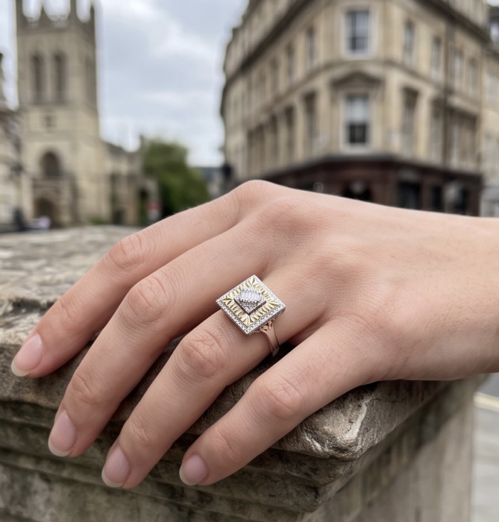 Art Deco 2.2 carat White Topaz 14K Gold over .925 Silver handcrafted Cocktail Ring s. 8 - Art Deco ring worn on hand, White Topaz in 14K Gold over .925 Silver