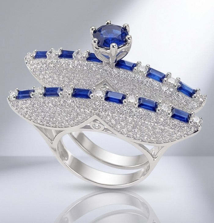 Extravaganza Large 8.6 carat Sapphire .925 Sterling Silver brilliantly handcrafted stack up ring s. 6 - Side view of ornate sapphire and sterling silver jewelry piece.