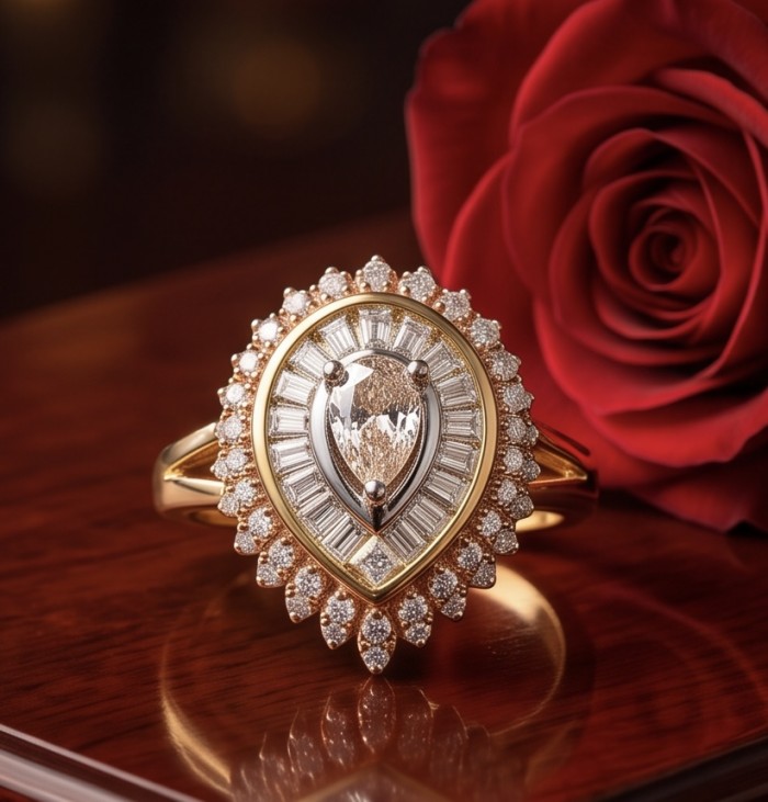 Authentic pear cut 9.2 carat Morganite 14K White Gold over .925 Sterling Silver ring s. 8 - Close-up of pear cut morganite ring with intricate diamond detailing