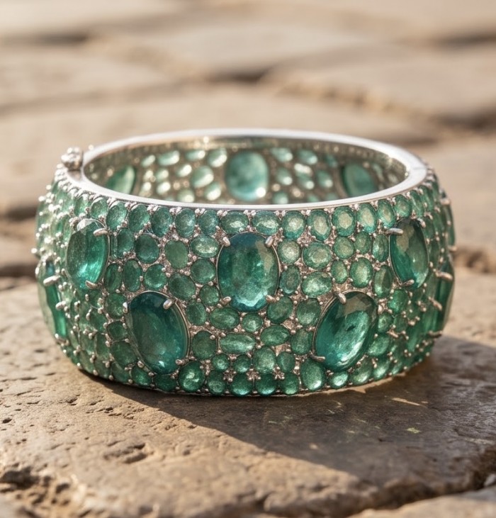 Spectacular 242.5 carat authentic Colombian Emerald .925 Sterling Silver dipped in Rhodium handmade bangle Bracelet - Side view of a stunning 242.5 carat Colombian emerald bracelet.