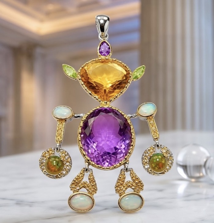 My precious Humanoid Friend 44.6 carat GEMSTONES 18k Gold over .925 Sterling Silver dipped in Rhodium handmade Pendant - Humanoid-shaped pendant with gemstones, front view on a marble surface.