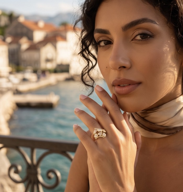 Blue Cascade 7.5 carat Rainbow Moonstone 18K Gold over .925 Sterling Silver handmade ring s. 7 - Close-up of Blue Cascade Rainbow Moonstone ring worn on hand.