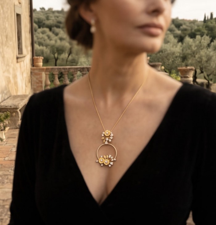 Secret Melody Authentic 11.2 carat Moissanite 22K Gold over .925 Sterling Silver handcrafted Statement Pendant - Woman wearing Secret Melody Moissanite gold necklace front view.