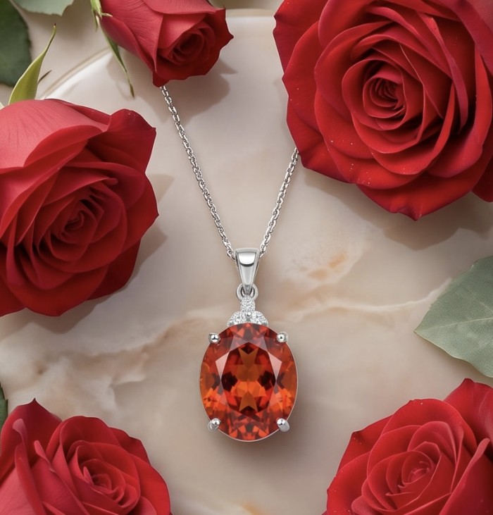 Genuine 10.8 carat Red Topaz rhodium over .925 Sterling Silver handcrafted Statement Pendant - Red Topaz pendant on chain, surrounded by red roses, top view.