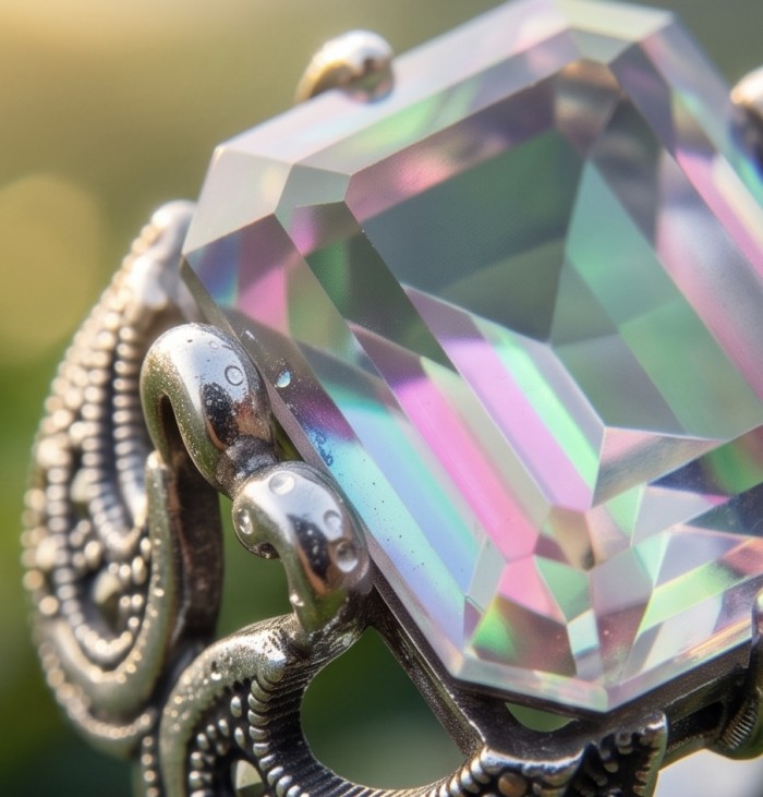Two Swans Authentic 27.4 carat Mystc Topaz .925 Sterling Silver brilliantly handcrafted large Statement Ring size 8 - Close-up of a rectangular Mystic Topaz set in ornate sterling silver.