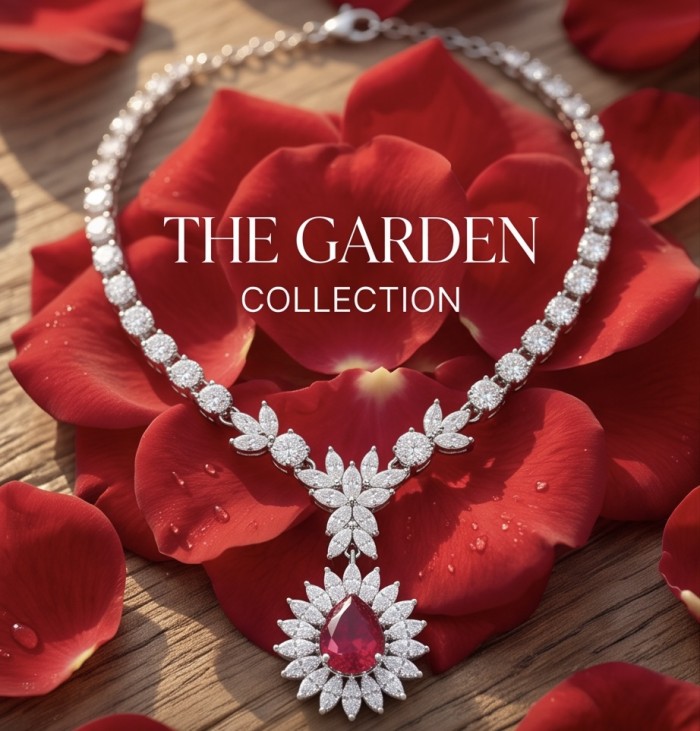 Luxurious 9.8 carat natural Mozambique Ruby .925 Sterling Silver .925 Sterling Silver Statement Necklace - Ruby necklace on red petals, top view, "The Garden Collection
