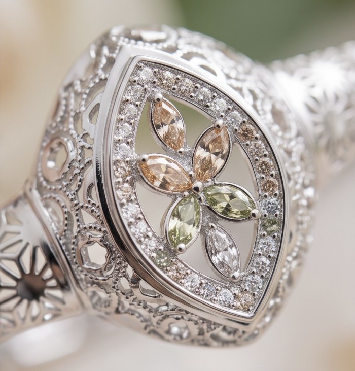 Casablanca - authentic 3.2 carat White topaz .925 Sterling Silver Bracelet - Close-up of intricate Casablanca white topaz ring design.