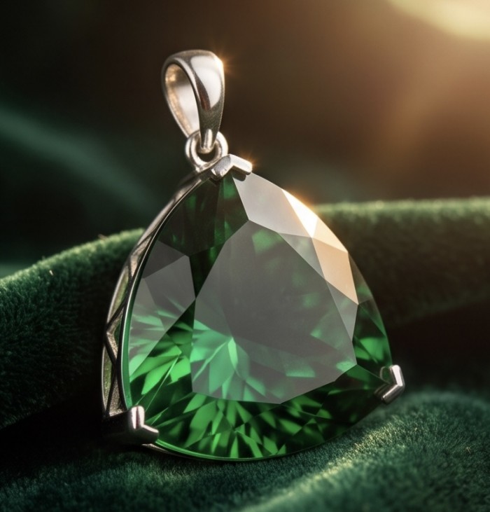 Trillion Cut Perfect 29.5 carat Volcanic Helenite .925 Sterling Silver handcrafted Pendant - Close-up of trillion cut volcanic Helenite pendant on green fabric.