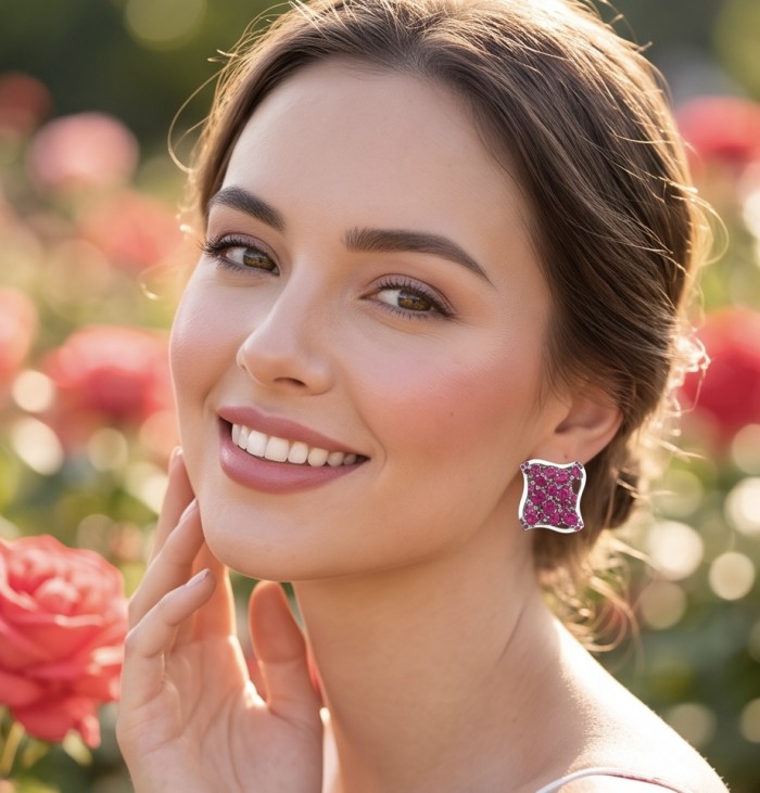 Giovanna -15.2 carat Kashmir Ruby .925 Sterling Silver dipped in rhodium handcrafted incredible Statement earrings - Woman wearing Giovanna 15.2 carat ruby sterling silver earrings.