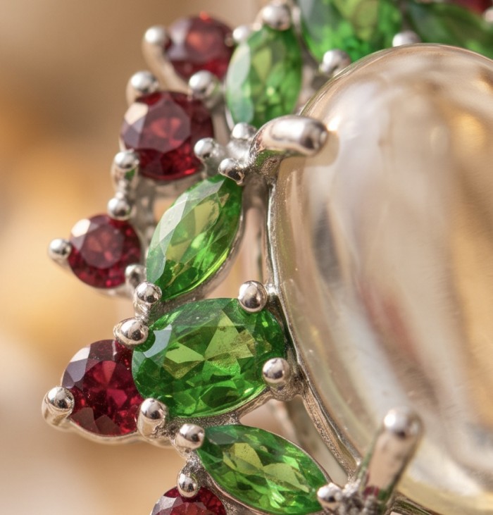 Bringer of Joy Authentic 15.9 carat Brazilian Citrine rhodium over .925 Sterling Silver brilliantly handcrafted Statement earrings - Close-up of green and red gems on Bringer of Joy Brazilian Citrine