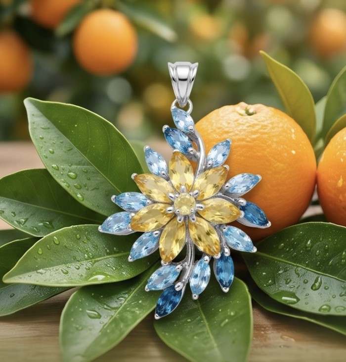 Giovanna - Authentic 12.9 carat Brazilian Citrine .925 Sterling Silver dipped in rhodium handcrafted Statement Pendant - Jewelry on orange leaves, featuring citrine and blue stones.
