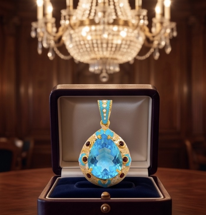 Atlantica - amazing quality PEAR cut 34.5 CARAT genuine Swiss Blue Topaz Enamel 22K Gold over .925 Sterling Silver handmade pendant - Atlantica pendant in box, front view with chandelier background.