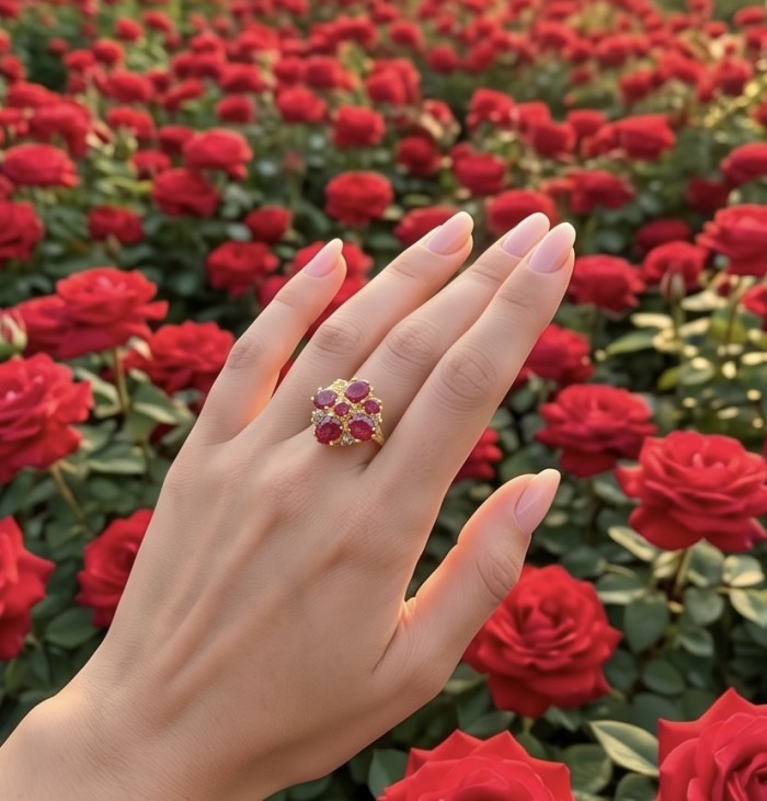 Blooming Garden Genuine 24.5 carat Kashmir Ruby .925 Sterling Silver dipped in 22K Gold Large Statement Ring size 6 3/4 - Worn on hand with rose background showing Blooming Garden Kashmir Ruby ring.