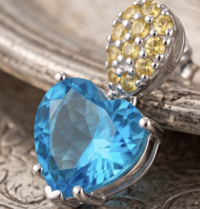 Tranquillity - 8.7 carat carved Swiss Blue Topaz .925 Sterling Silver dipped in Rhodium Handcrafted Statement earrings - Close-up of Swiss Blue Topaz and yellow gemstone arrangement.