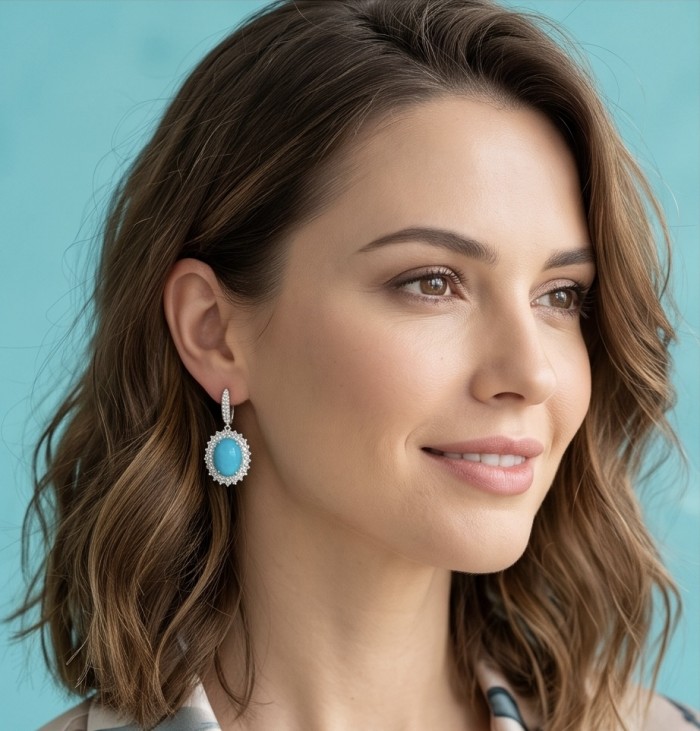 Authentic Sleeping Beauty Turquoise RHODIUM over .925 Sterling Silver handcrafted Statement Earrings - Woman wearing turquoise earrings, side view close-up.